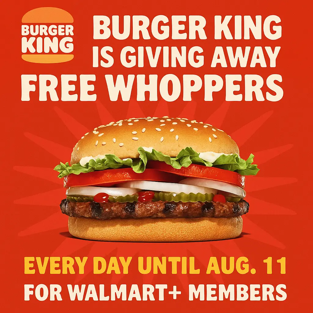 Burger King Is Giving Away Free Whoppers Every Day Until August 11 — How Walmart+ Members Can Score 7 Burgers for Almost Nothing 1 7 Days, 7 Free Whoppers: Burger King’s Big Walmart+ Anniversary Deal Is Here — Here’s How to Claim Yours